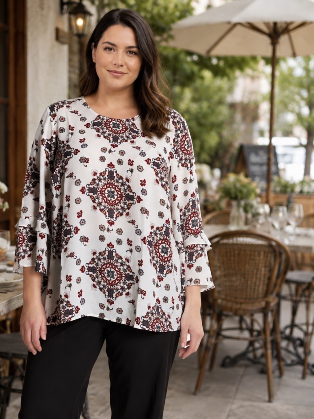 DR2 BY DANIEL RAINN Crepe Bell Sleeve Blouse